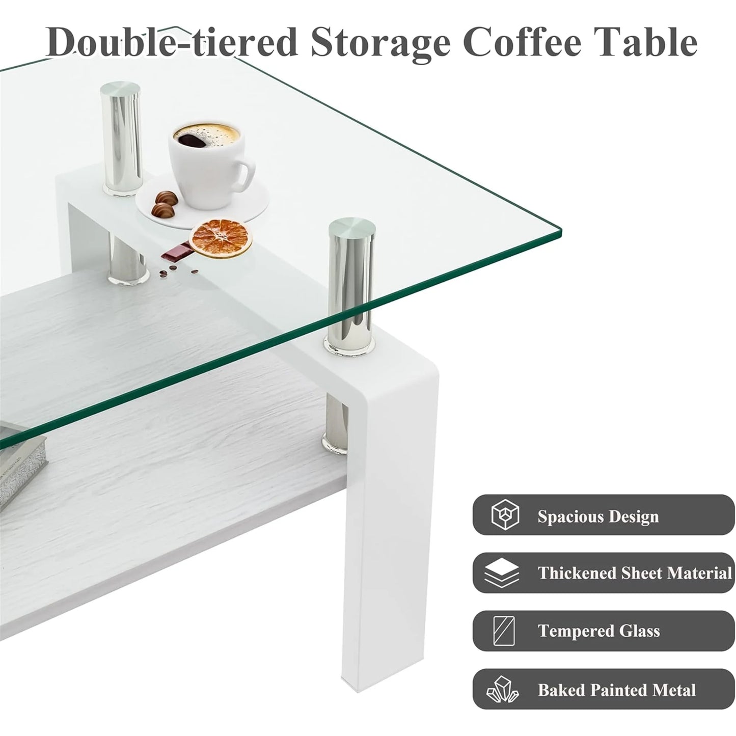 Glass Coffee Table Rectangle Living Room Center Table with Storage, Clear Tempered Glass Tabletop and Smoke Grey Leg,for Living Room and Office (Clear Smoke),Transparent White
