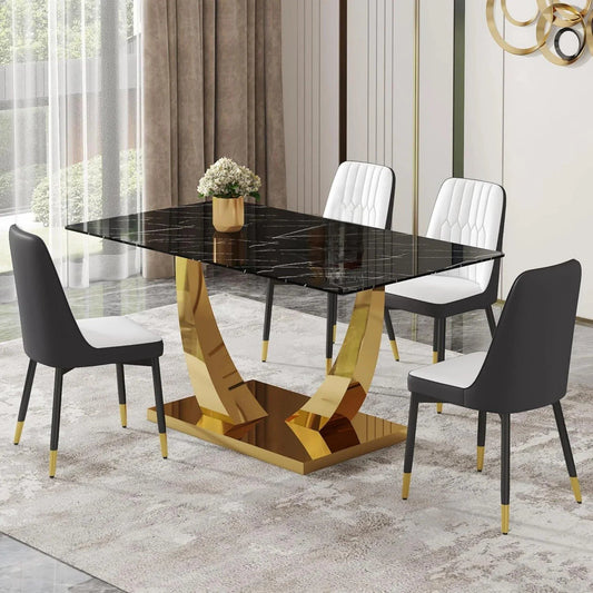 SUDICA 5 Piece Dining Set, 63" Black Glass Table with Gold Legs and Gray PU Chairs