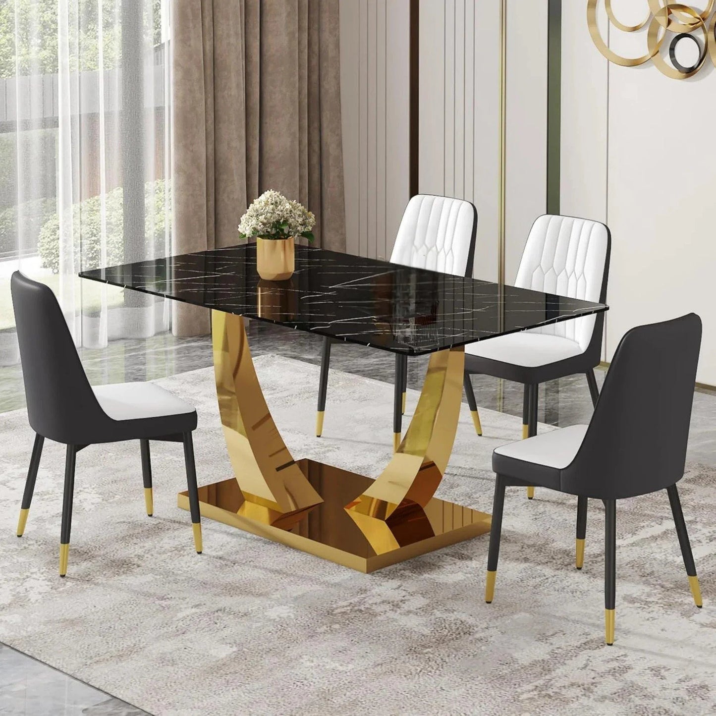 SUDICA 5 Piece Dining Set, 63" Black Glass Table with Gold Legs and Gray PU Chairs