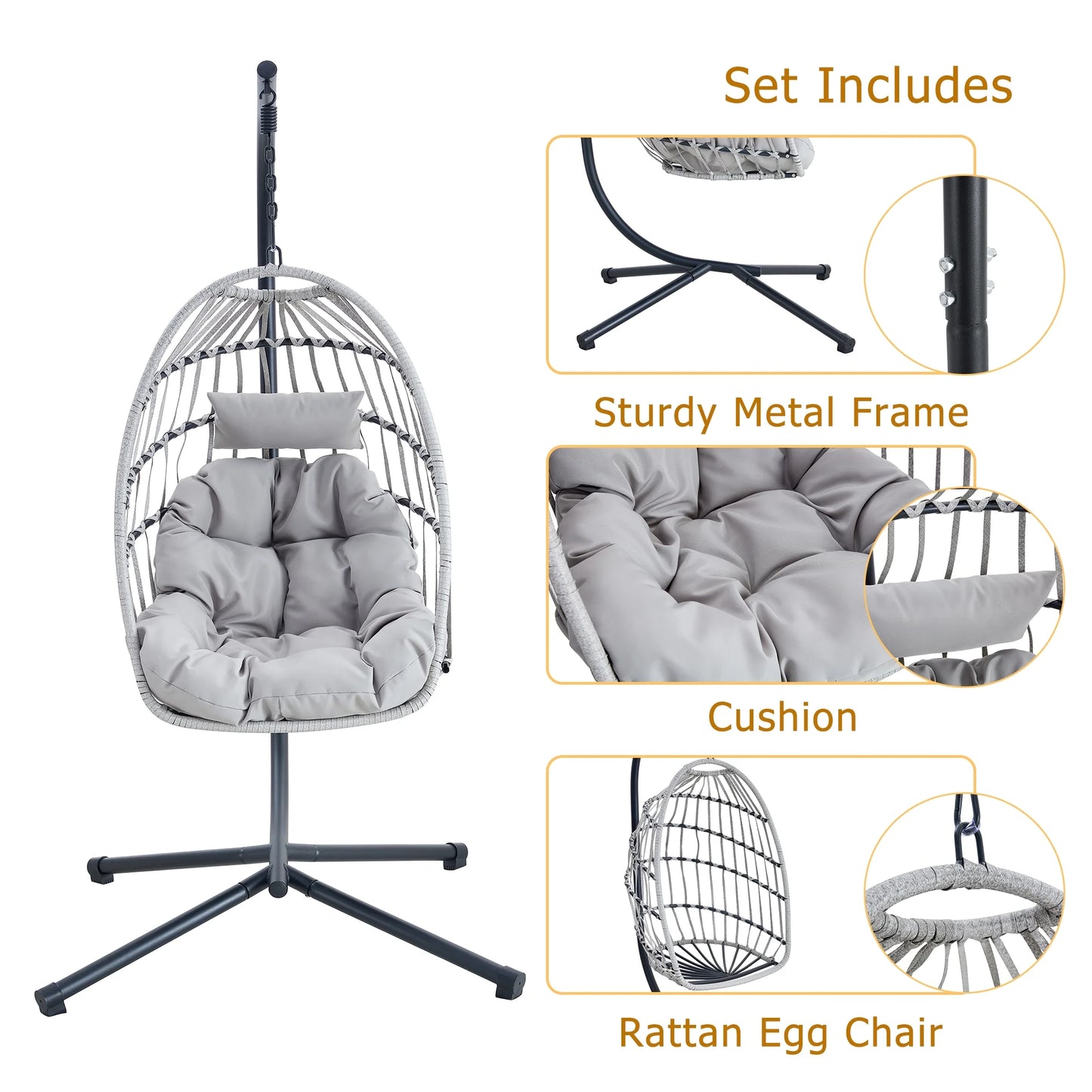 Sudica Hanging Egg Chair with Stand, Wicker Swing Chair with Soft Cushion for Indoor  Outdoor Patio