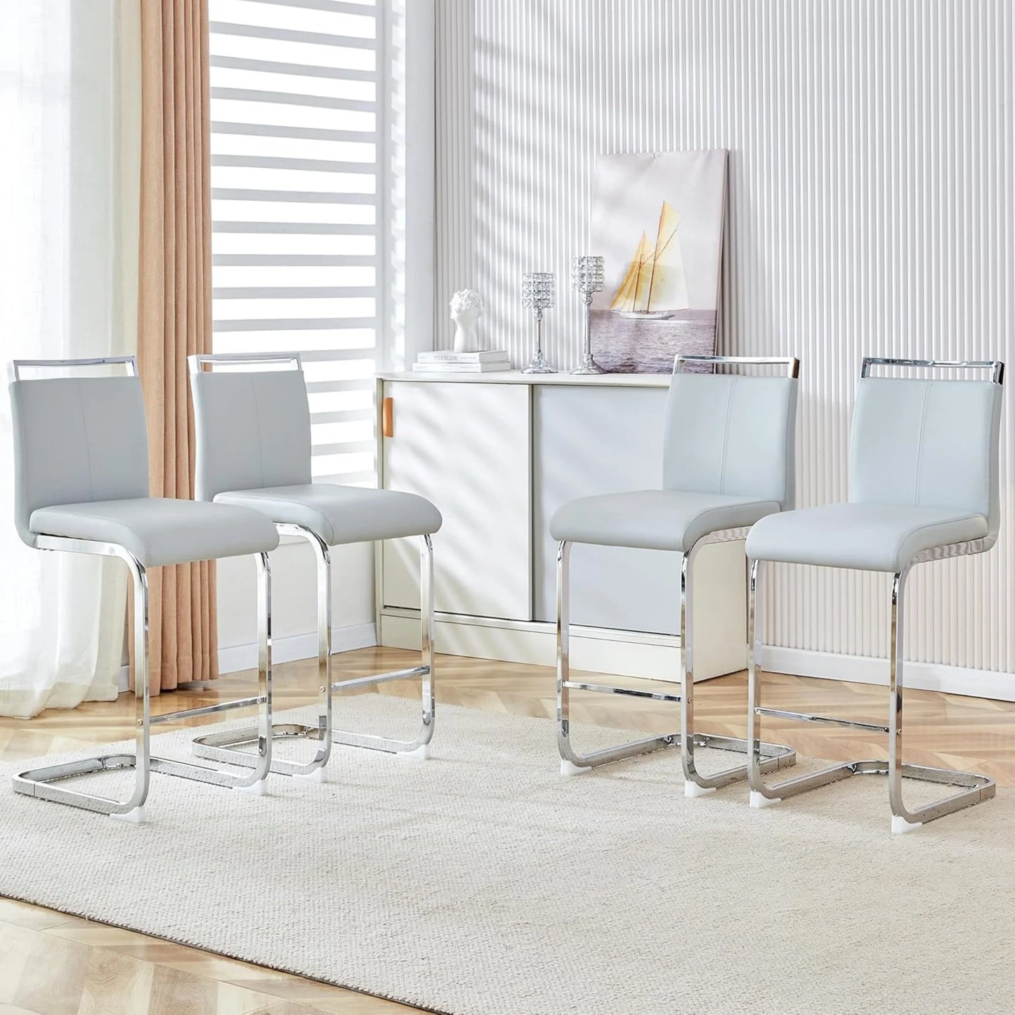 SUDICA Adult Bar Stools - Set of 4, Modern PU Leather and Upholstered with Metal Legs, Gray