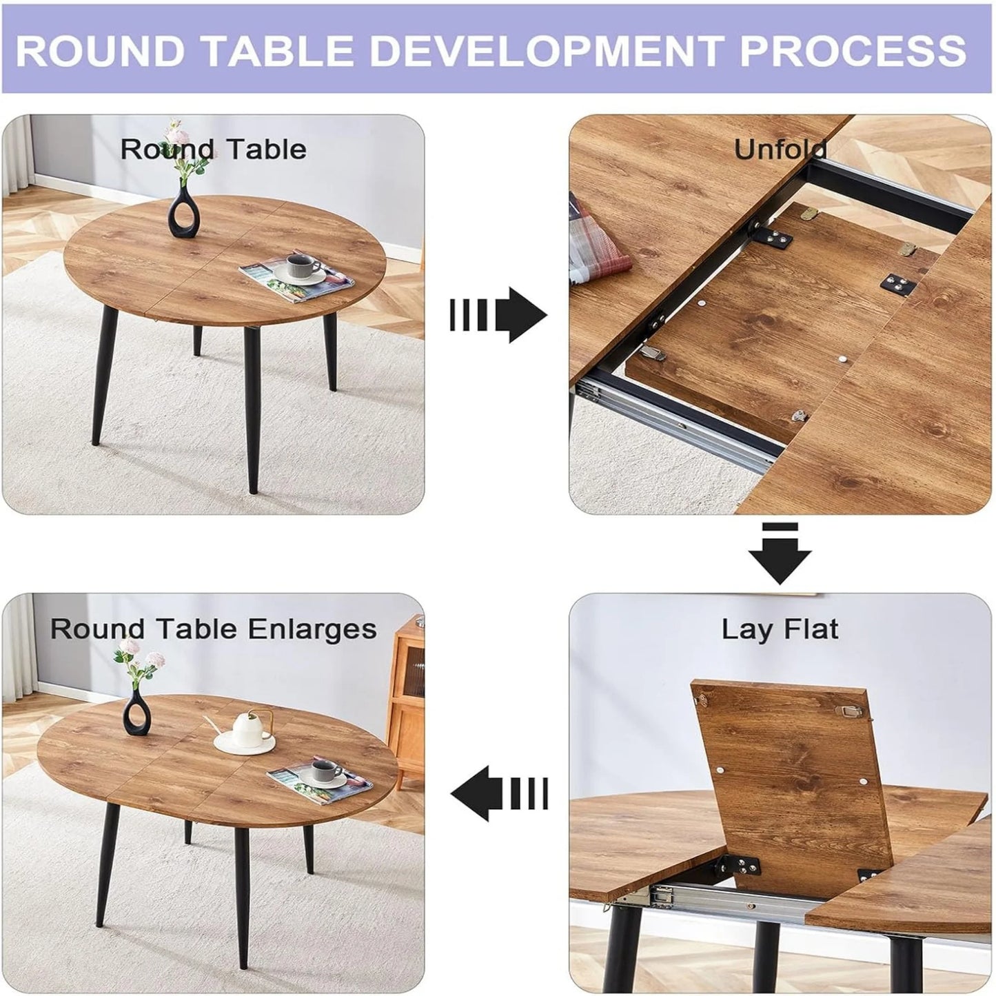 Extendable Kitchen Table, Modern Farmhouse Dining Table, Extendable Dining Room Table, Expandable Conference Table, Round Mid-Century Modern Dining Table, for Small Space, Dining Room (Wood)