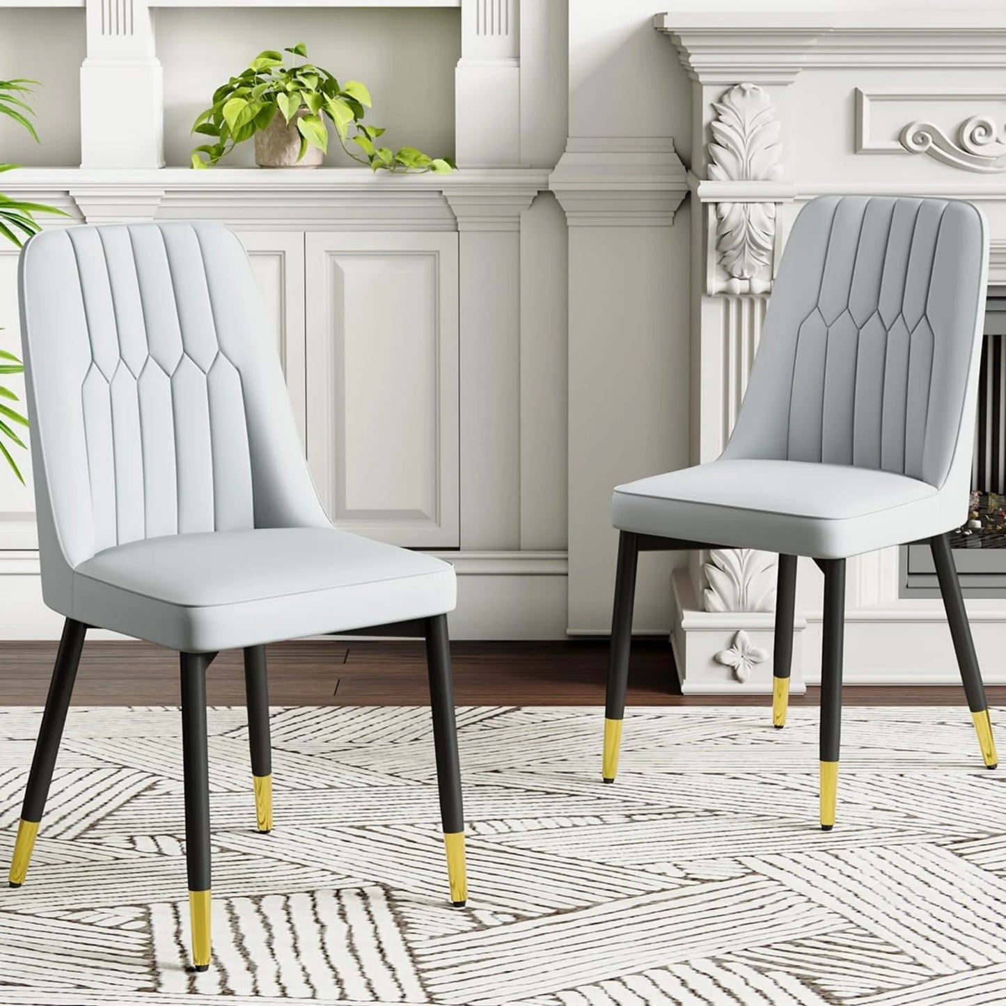 SUDICA 7 Piece Black and Gold Dining Set, Glass Table with Grey PU Chairs for Kitchen