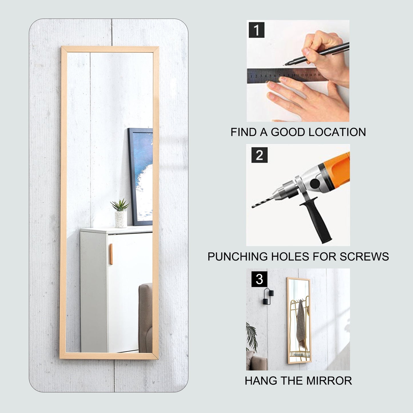 Wood Floor Mirror, 58"x 18" Sudica Thick Wooden Frame Full Body Mirror with Stand, Wall Mirror for Living Room, Wood