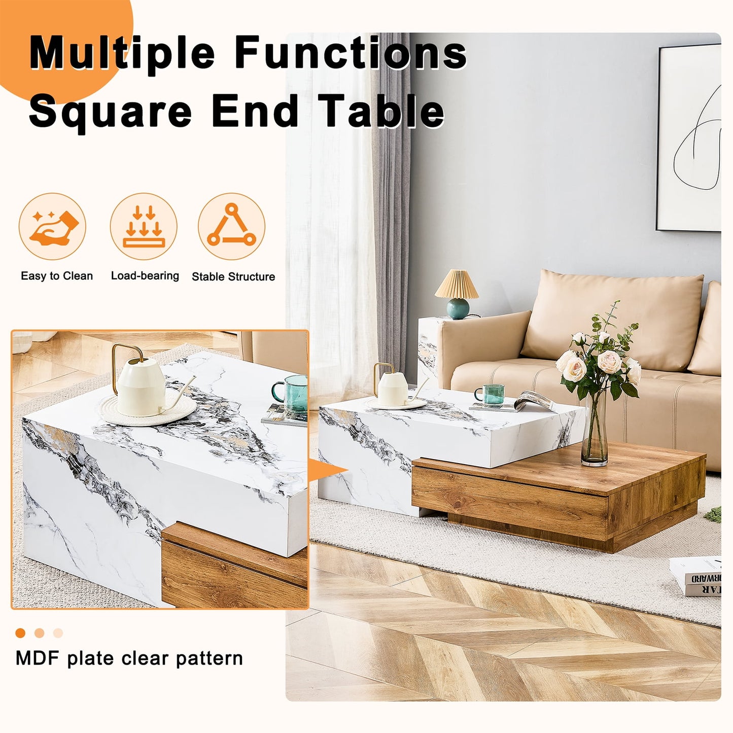 Sudica Modern Coffee Table Rustic Rectangular Faux Marble Center Table with Wooden Storage Drawer, White Cocktail Table