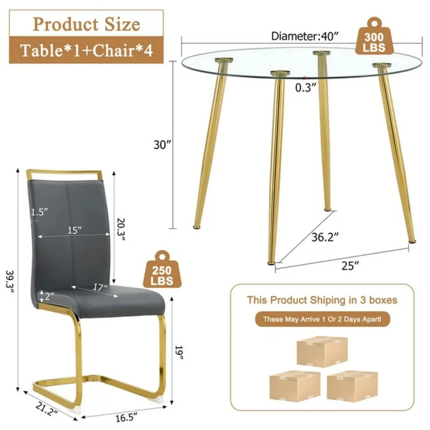 Sudica Round Dining Table Set for 4, 40in Tempered Glass Top, Grey PU Chairs & Gold Legs