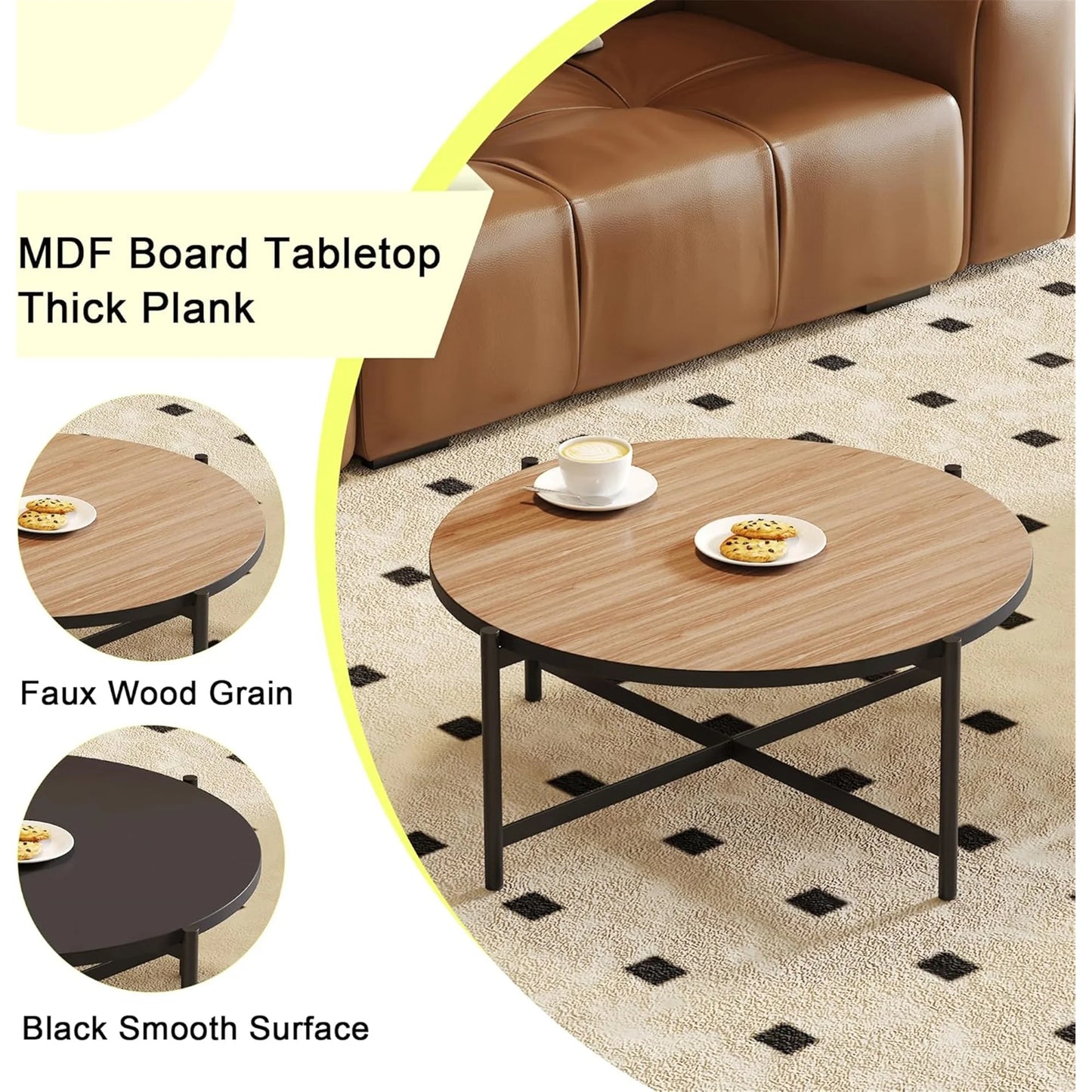 29.92" Round Table Top Wood - Walnut & Black Double Sided, Outdoor Dining Replacement for Restaurants, Cafes, Bars