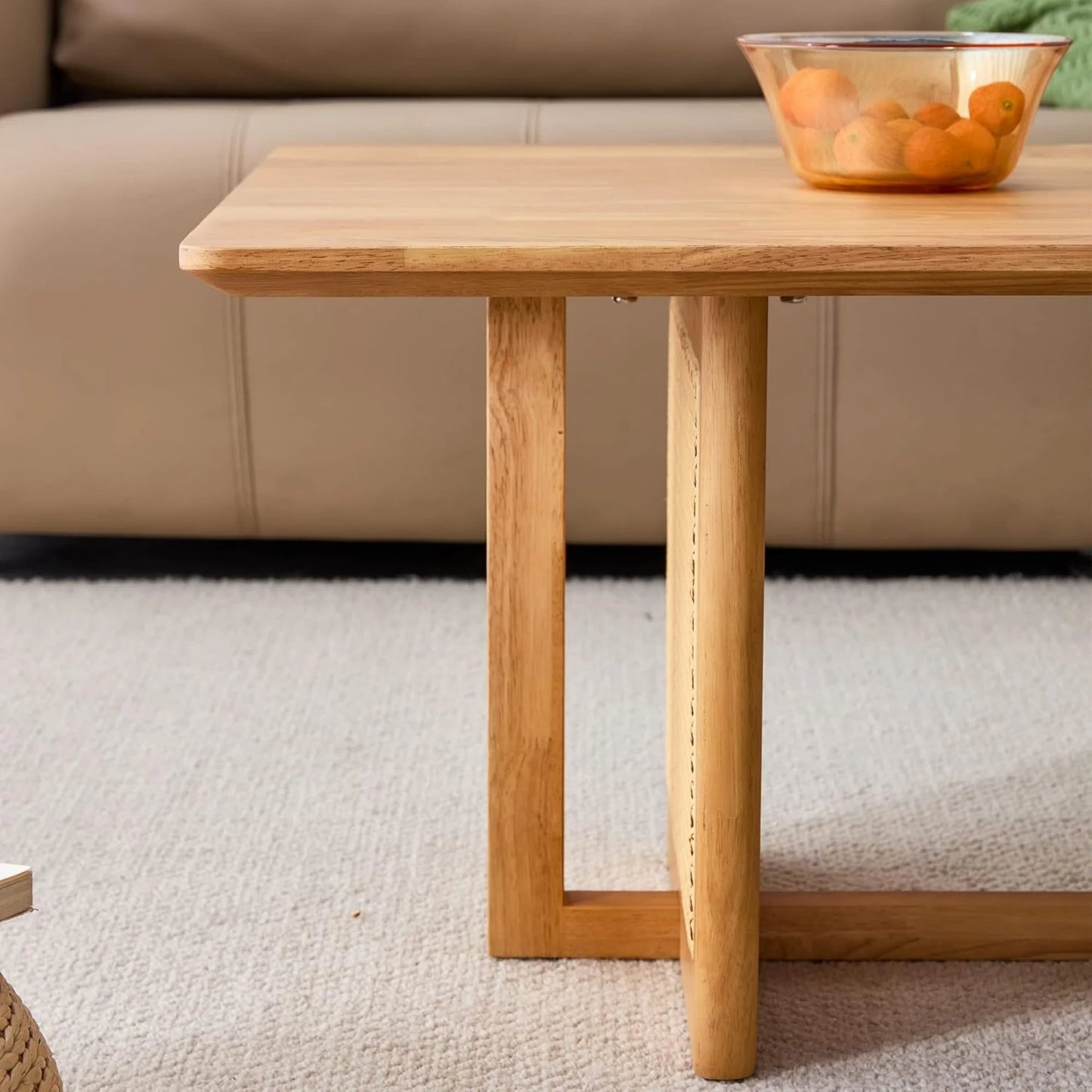 SUDICA 47" Solid Wood Coffee Table, Rattan Panel Legs, Modern Rectangle Table for Living Room