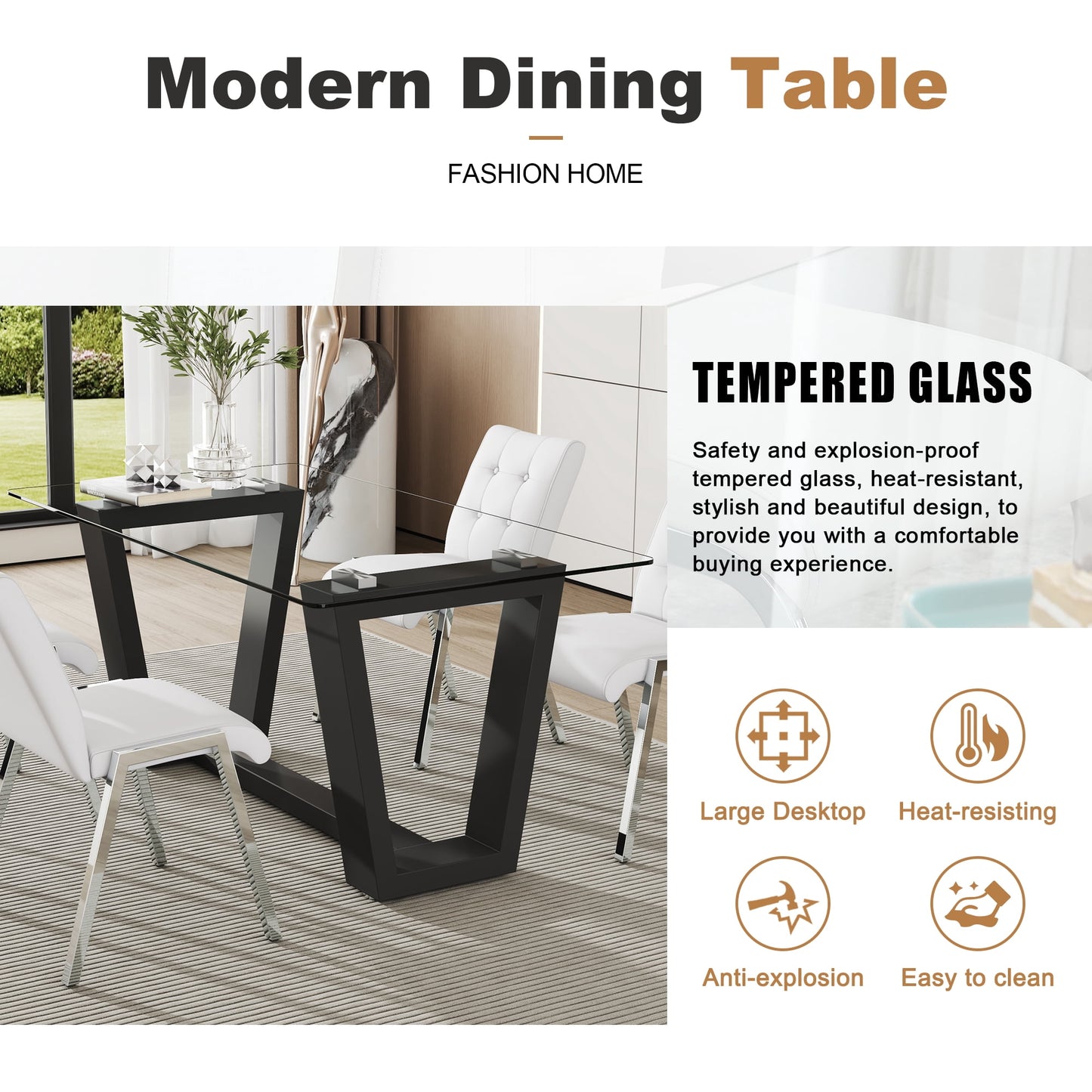 63" Glass Dining Table Set for 6, Sudica Black Legs Kitchen Table Set with Upholstered Faux Leather Dining Room Chairs, White