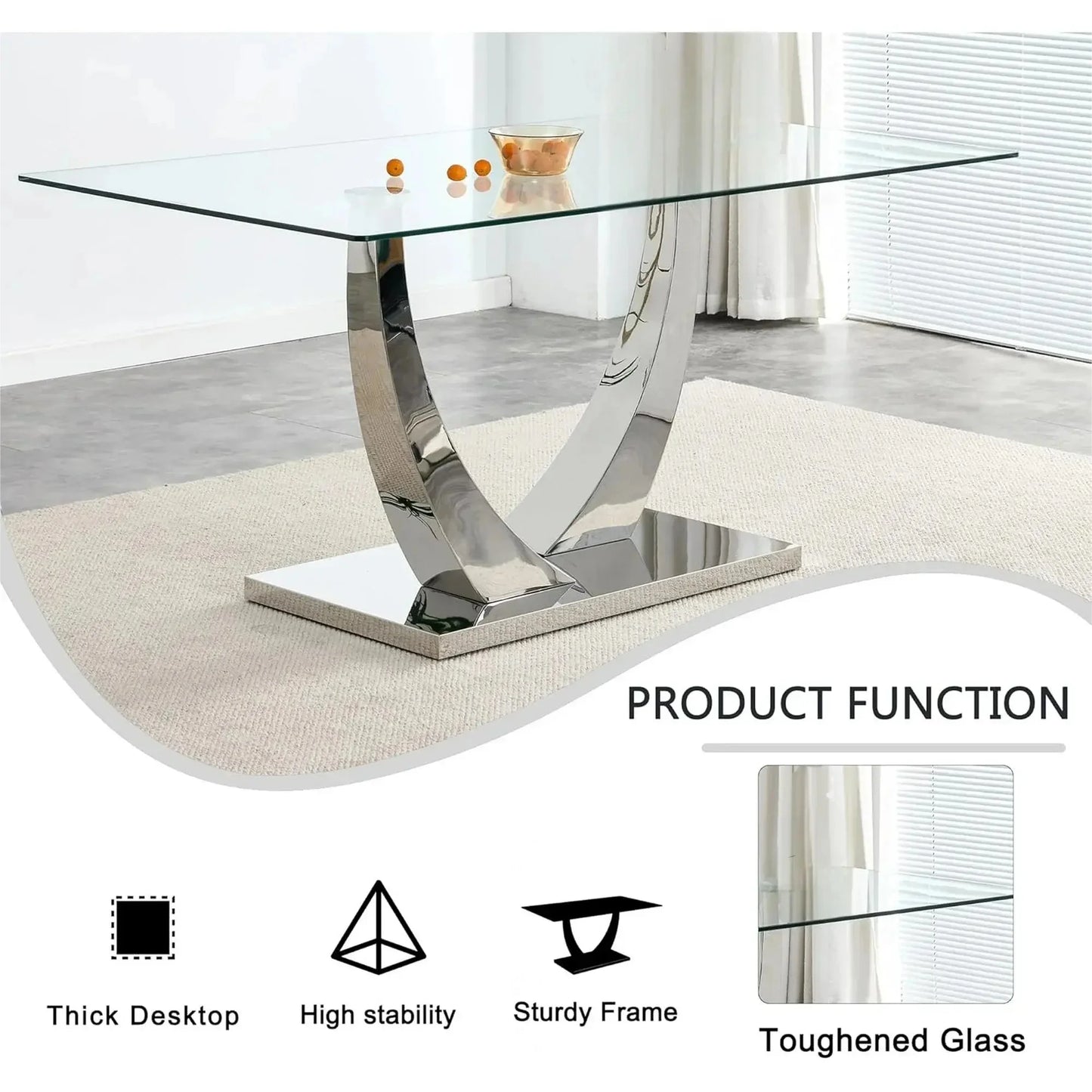 Silver Dining Table Set for 6,7PCS Glass Dining Room Table Set for 6, 63'' Rectangular Tempered Glass Top Kitchen Table Set and 6 Chairs for Dining Room Kitchen