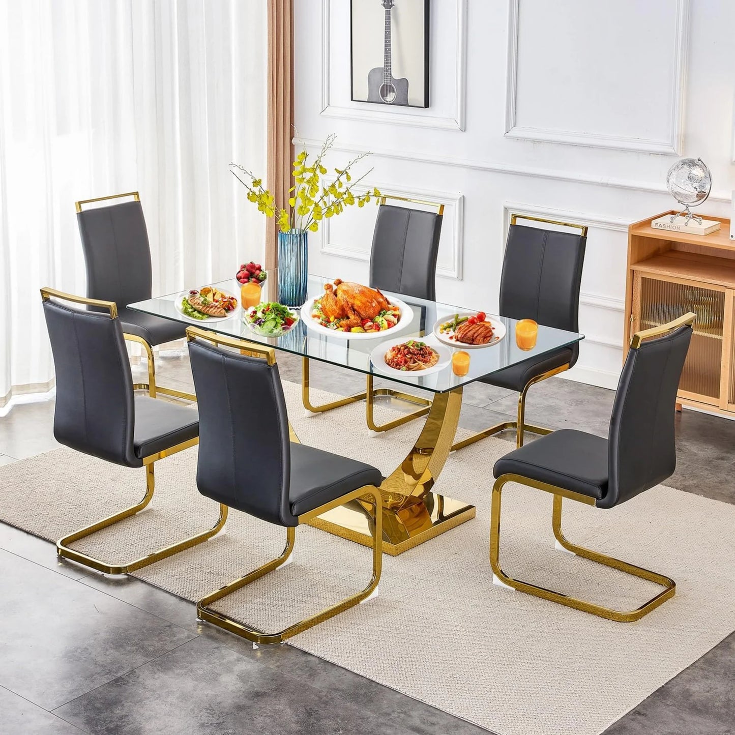 SUDICA Dining Table Set for 6, 63" Glass Top with Black PU Chairs for Dining Room, Gold Base