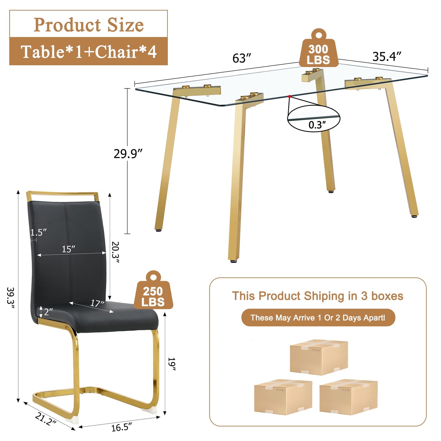 63" Large Glass Dining Table Set for 4, Sudica Gold Legs Kitchen Table with Faux Leather Dining Chairs,Black