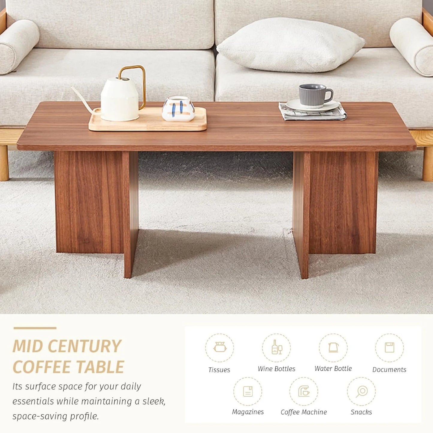 Sudica 44.8” Walnut Color Rectangle MDF Coffee Table,Wood Coffee Table with Stable Triangular Support for Living Room/Bedroom