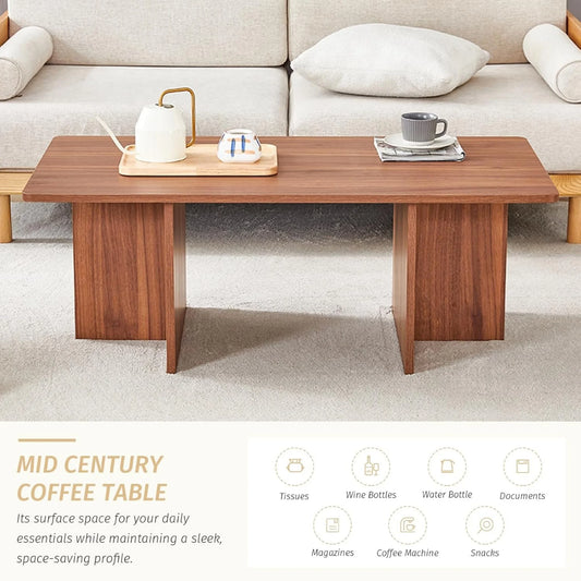 Sudica 44.8” Walnut Color Rectangle MDF Coffee Table,Wood Coffee Table with Stable Triangular Support for Living Room/Bedroom