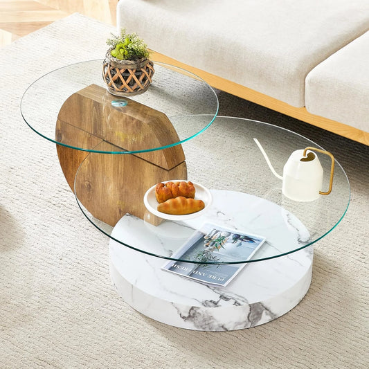 Sudica Modern Round Glass Coffee Table with Dark Wood and White Marble Base