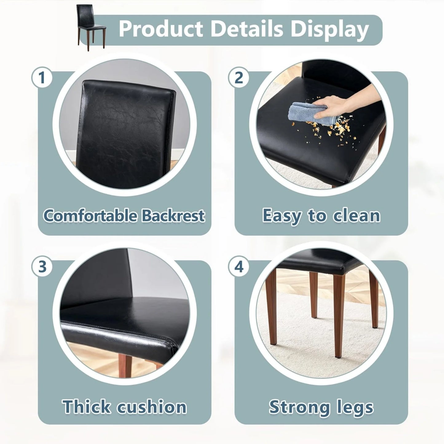 SUDICA Black Faux Leather Dining Chairs Set of 2, Walnut-Finish Metal Legs for Kitchen & Dining