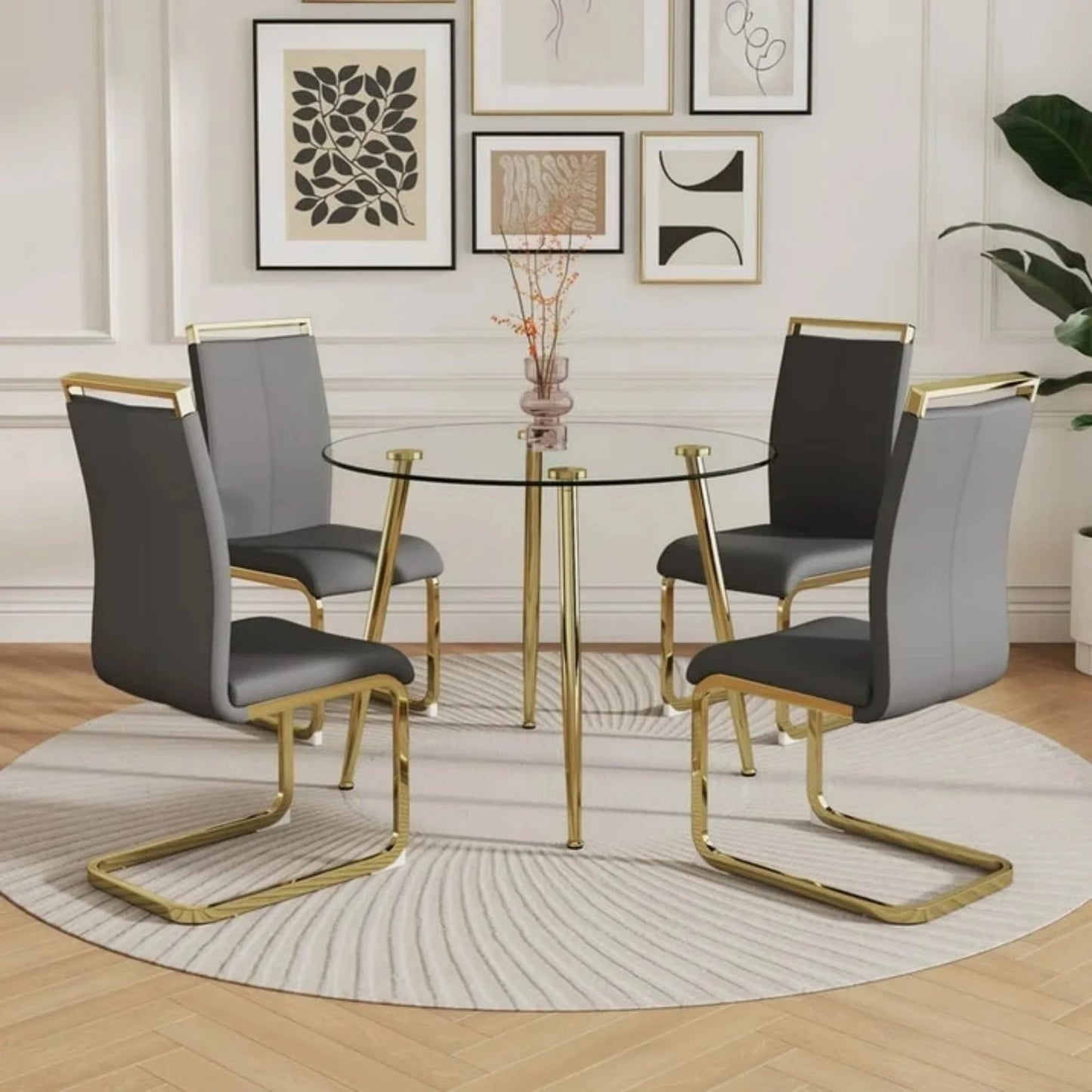 Sudica Round Dining Table Set for 4, 40in Tempered Glass Top, Grey PU Chairs & Gold Legs