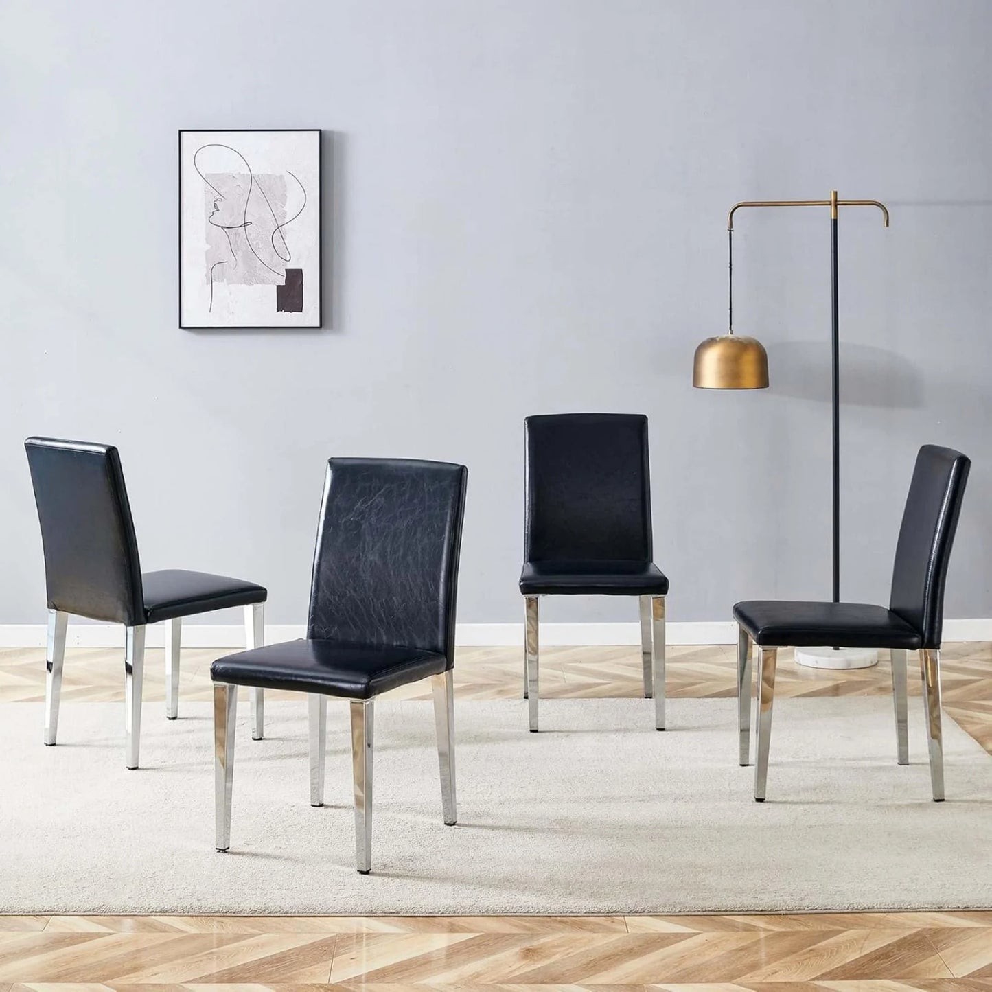 SUDICA Black Faux Leather Dining Chairs Set of 4, Silver Metal Legs for Kitchen & Dining Room