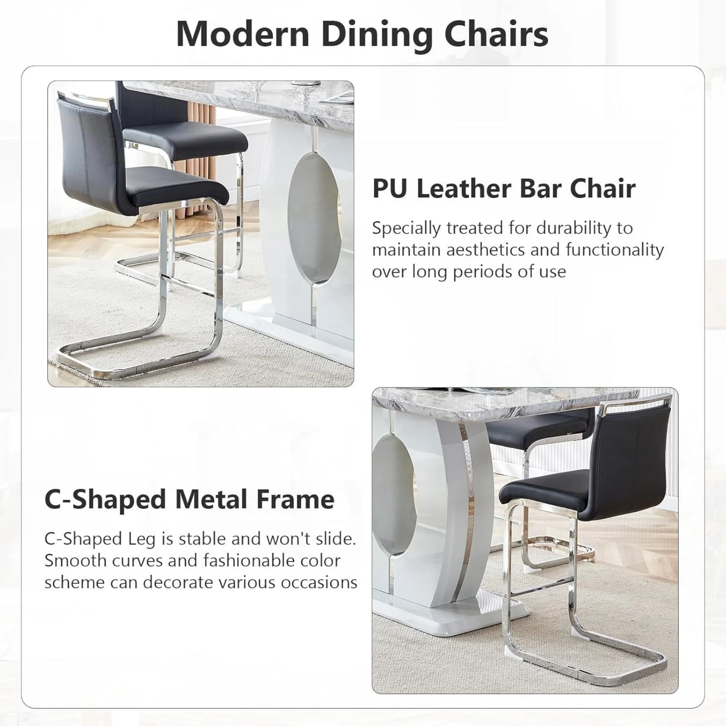 SUDICA Modern PU Leather Barstools and Upholstered with Metal Legs - Set of 2, Black