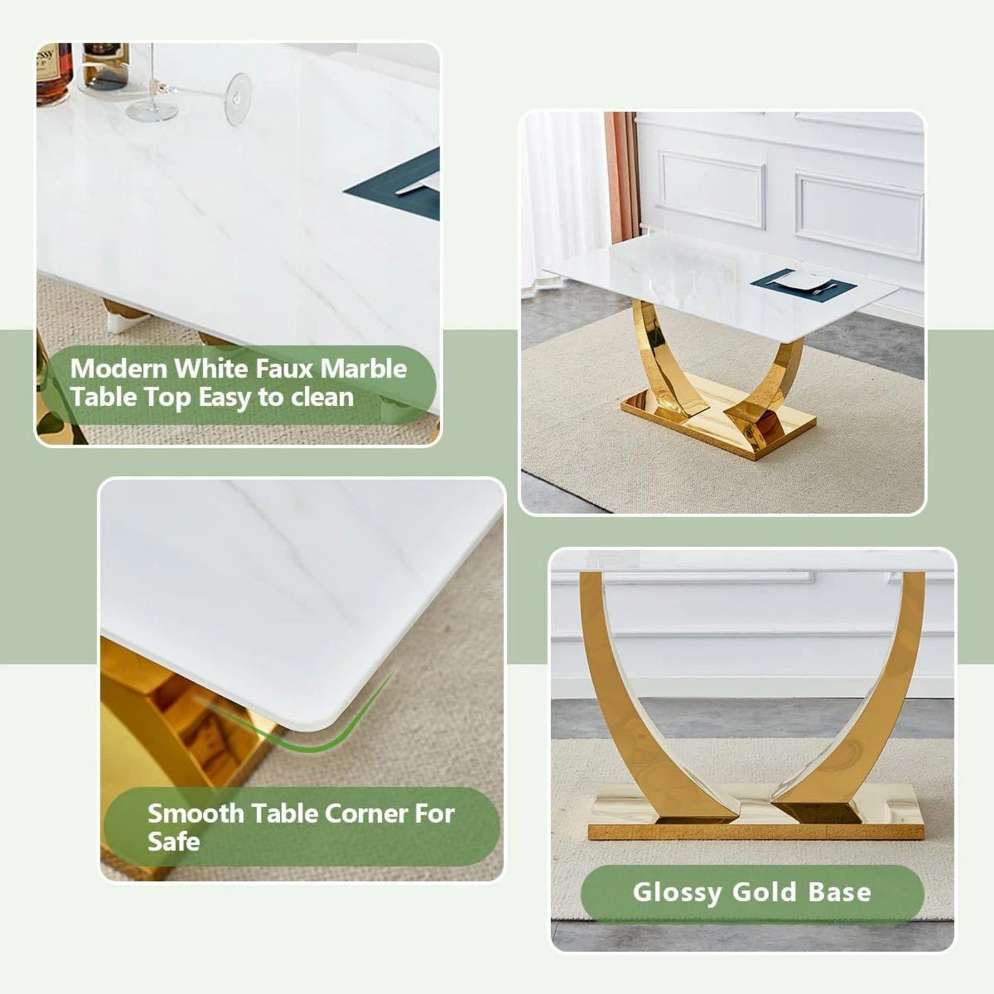 White and Gold Dining Table Set for 4, Faux Marble Dining Room Table Set for 4,63'' Rectangular Tempered Glass Top Kitchen Table Set and 4 Chairs for Dining Room Kitchen