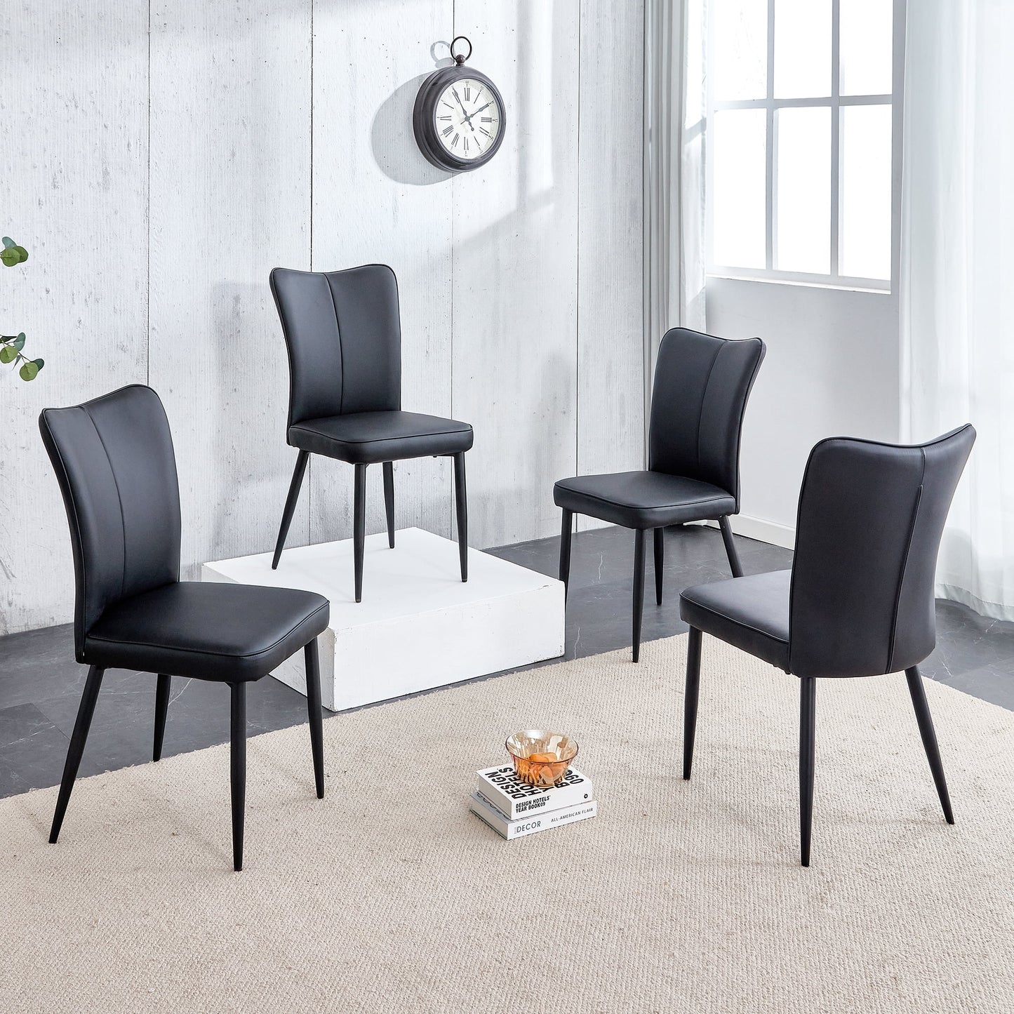 Sudica Modern Dining Chairs Set of 4, Upholstered Leather Kitchen Chairs with Black Metal Legs, Black