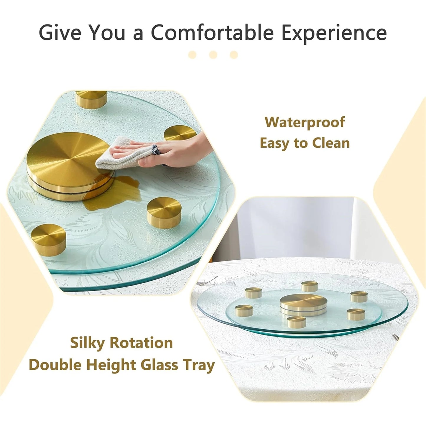 SUDICA 20" Transparent Tempered Glass Lazy Susan Turntable with Gold Base, Double Layer Dining Table Top