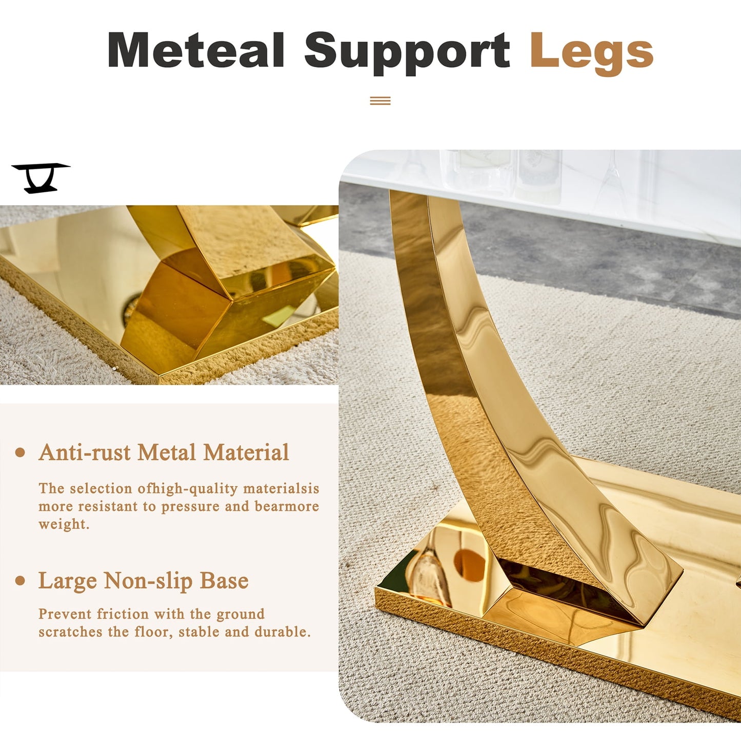 Dining Table Set for 6, Sudica Rectangular Faux Marble Kitchen Table with 4 Leather Gold Legs Dining Chairs,Dark Gray