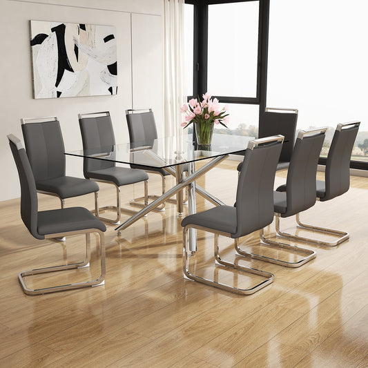 Sudica Glass Dining Table Set for 8, 71" Large Rectangular Kitchen Glass Dinner Table with Upholstered Silver Legs Dining Room Chairs, Gray