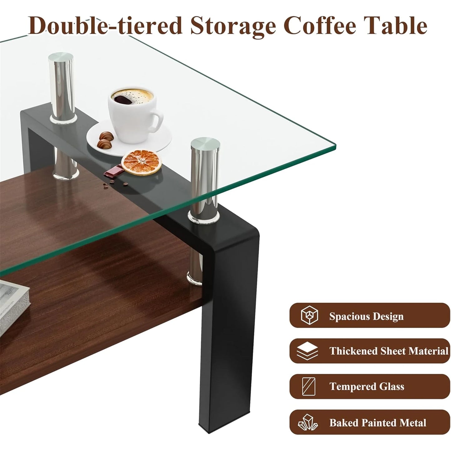 Glass Coffee Table Rectangle Living Room Center Table with Storage, Clear Tempered Glass Tabletop and Smoke Grey Leg,for Living Room and Office (Clear Smoke),Transparent Brown