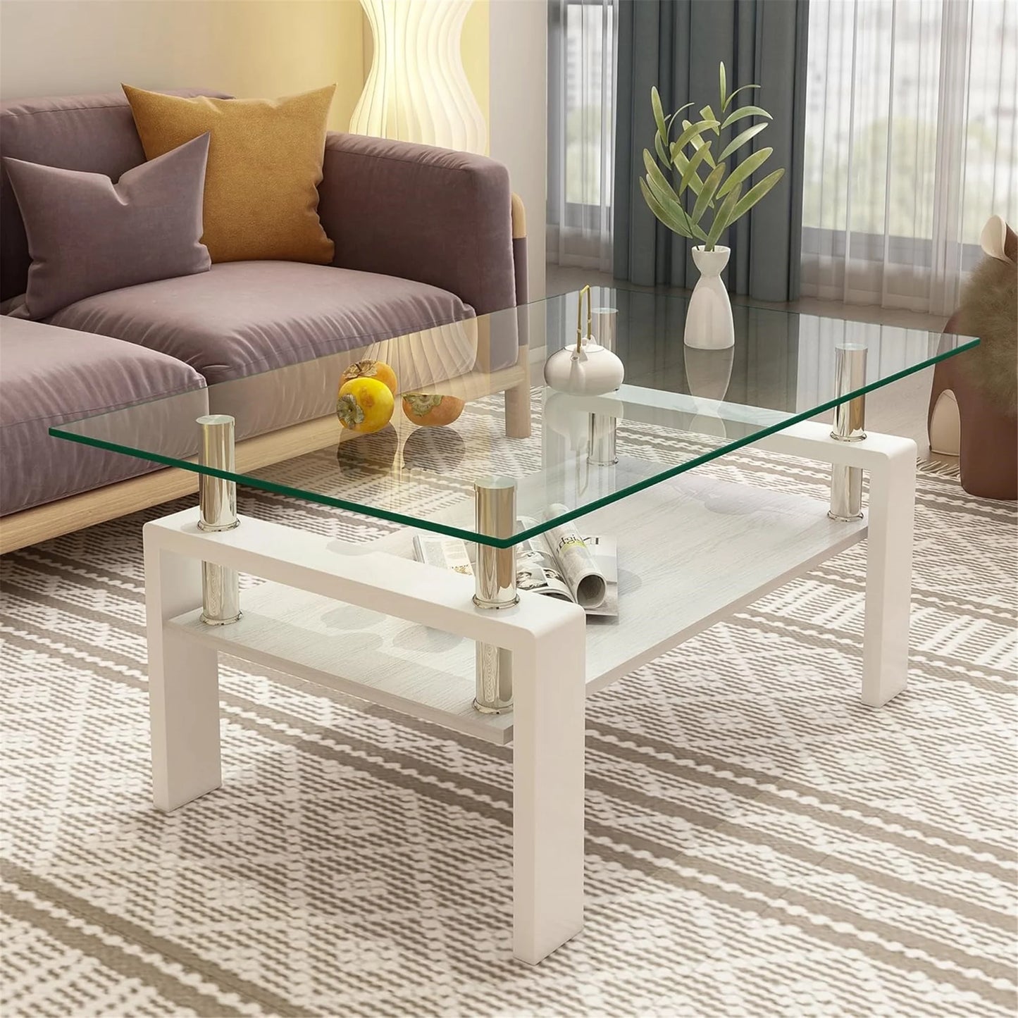 Glass Coffee Table Rectangle Living Room Center Table with Storage, Clear Tempered Glass Tabletop and Smoke Grey Leg,for Living Room and Office (Clear Smoke),Transparent White