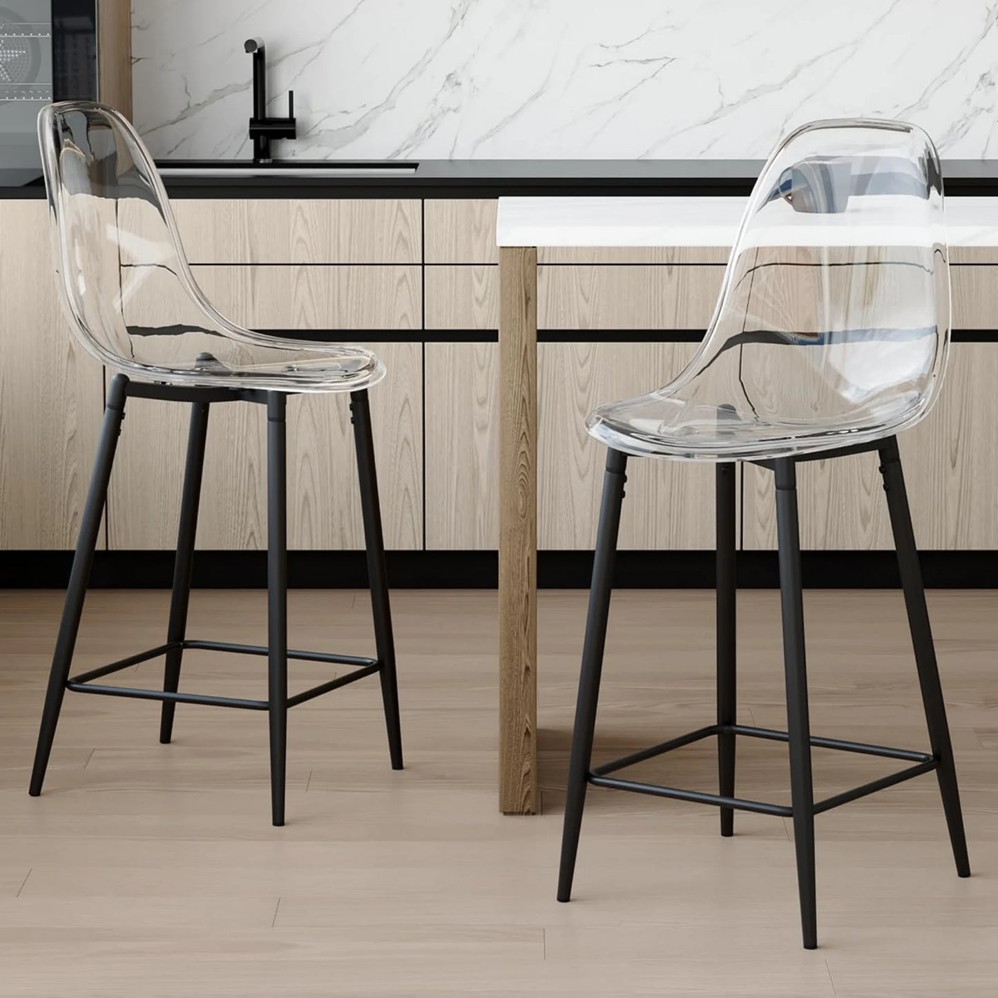 SUDICA Clear Acrylic Counter Height Bar Stools Set of 2 with Black Powder‑Coated Metal Frame