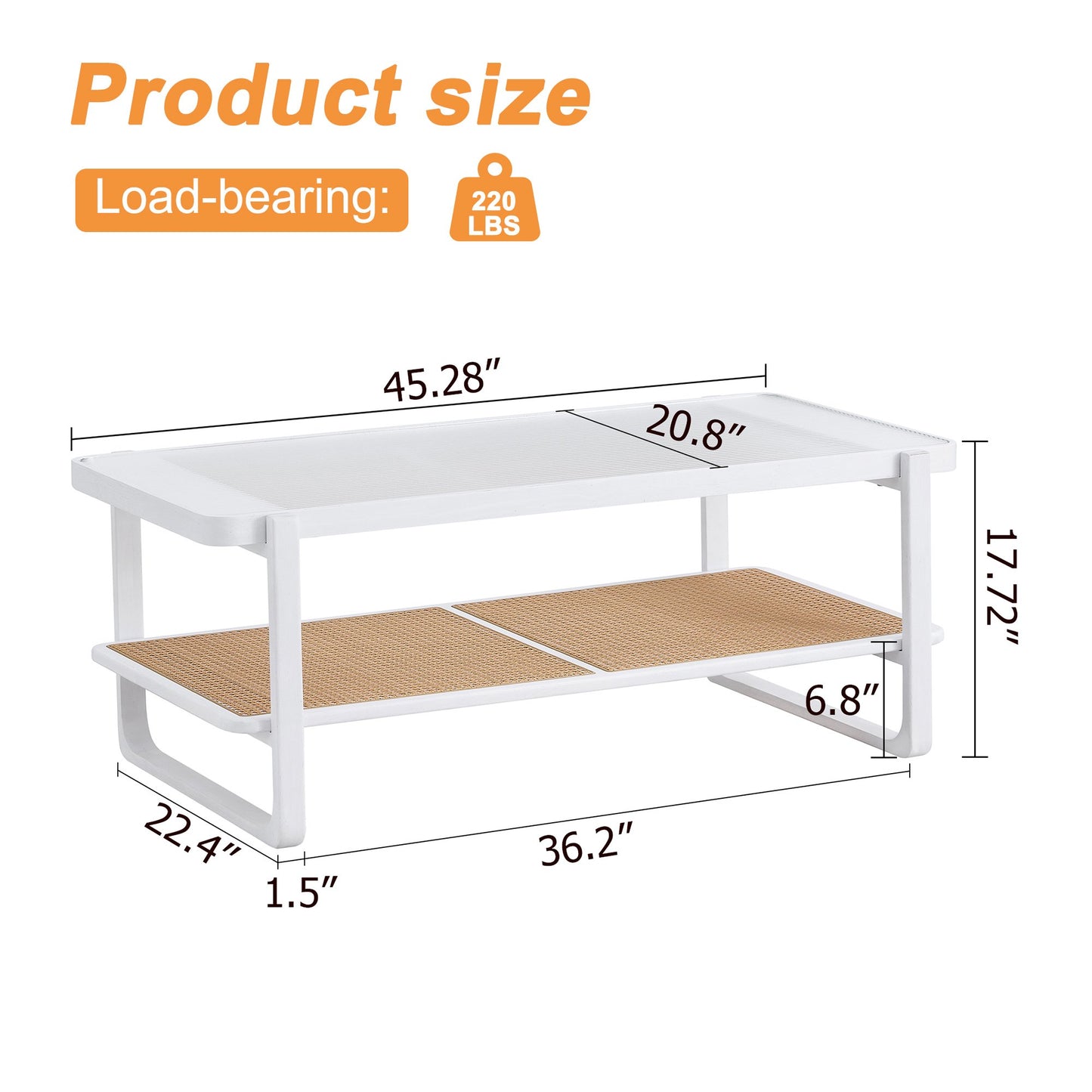 Sudica Rattan Coffee Table with Glass Top Wooden Rectangular Coffee Table with Storage Shelf,White