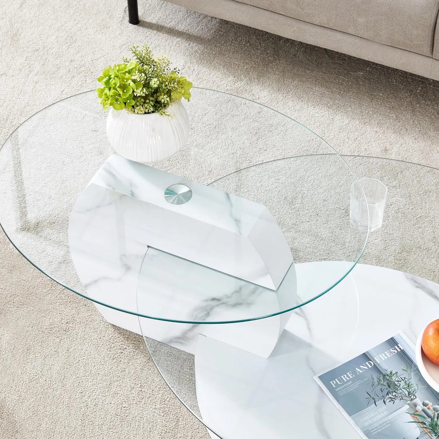 Sudica Modern Coffee Table with Double-layer Round Glass Tabletop,47" Tea Table with White Faux Marble Patterned Base,Center Table for Living Room