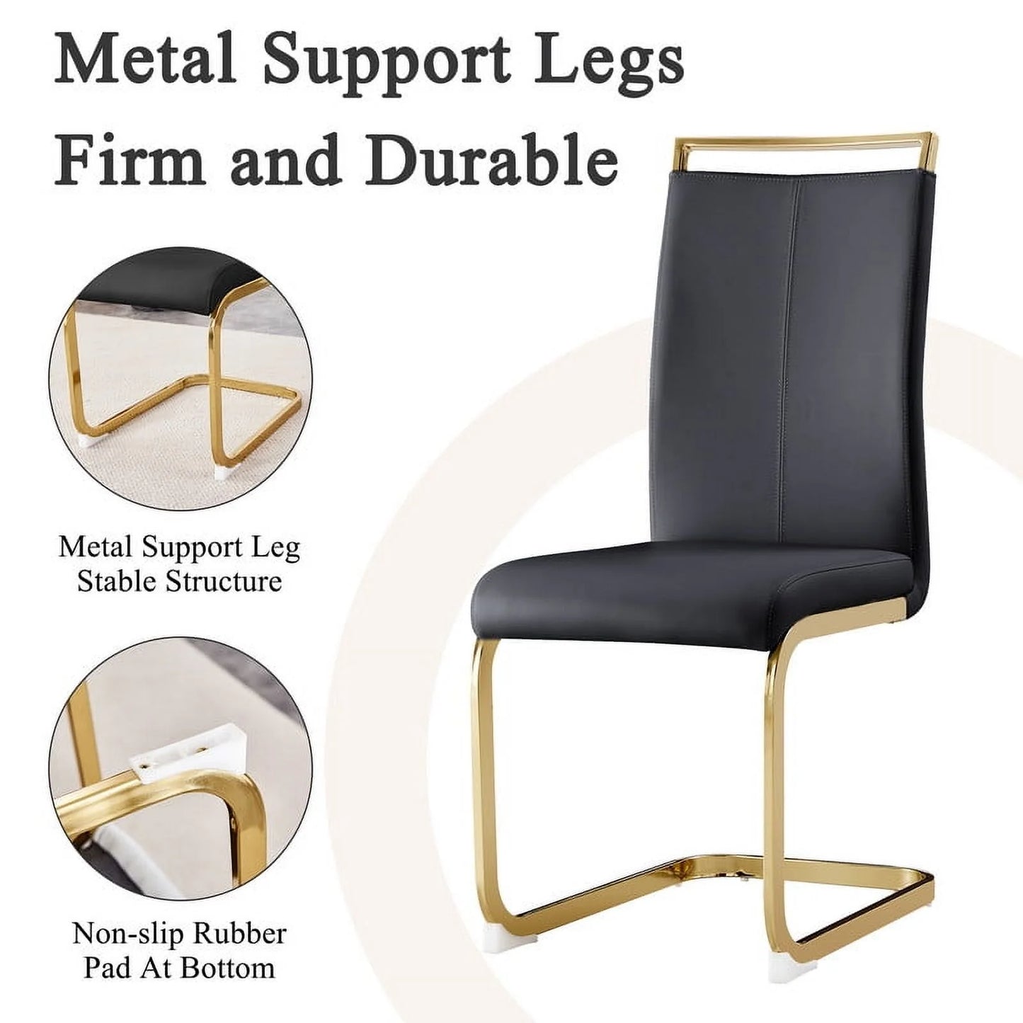 Sudica Round Dining Table Set for 4, 40in Tempered Glass Table with Black PU Chairs & Gold Legs