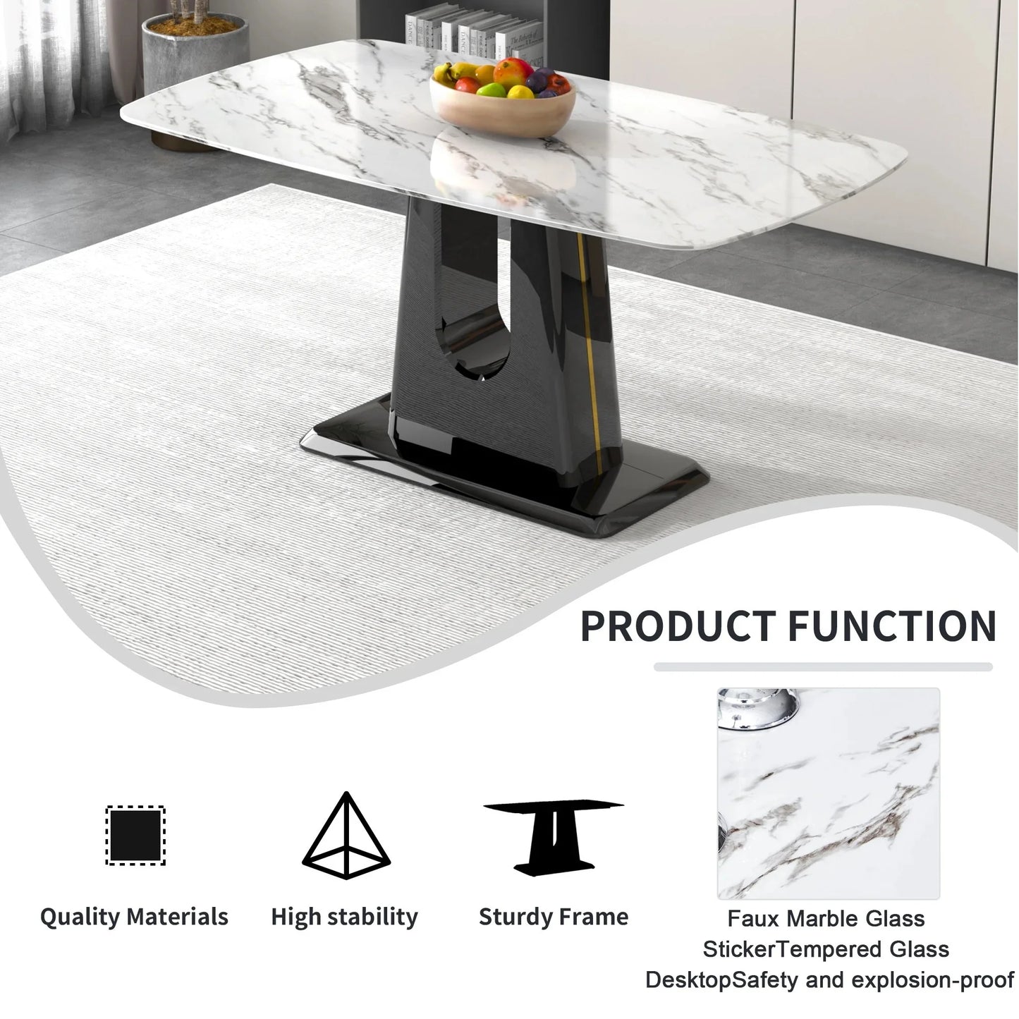 SUDICA 7 Piece Modern Dining Table Set, Faux Marble Top, Black