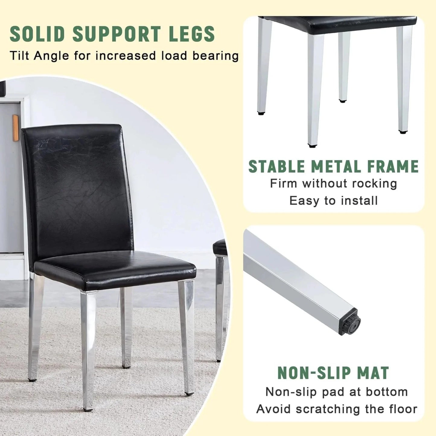 SUDICA Black Faux Leather Dining Chairs Set of 2, Silver Metal Legs for Kitchen or Dining Room
