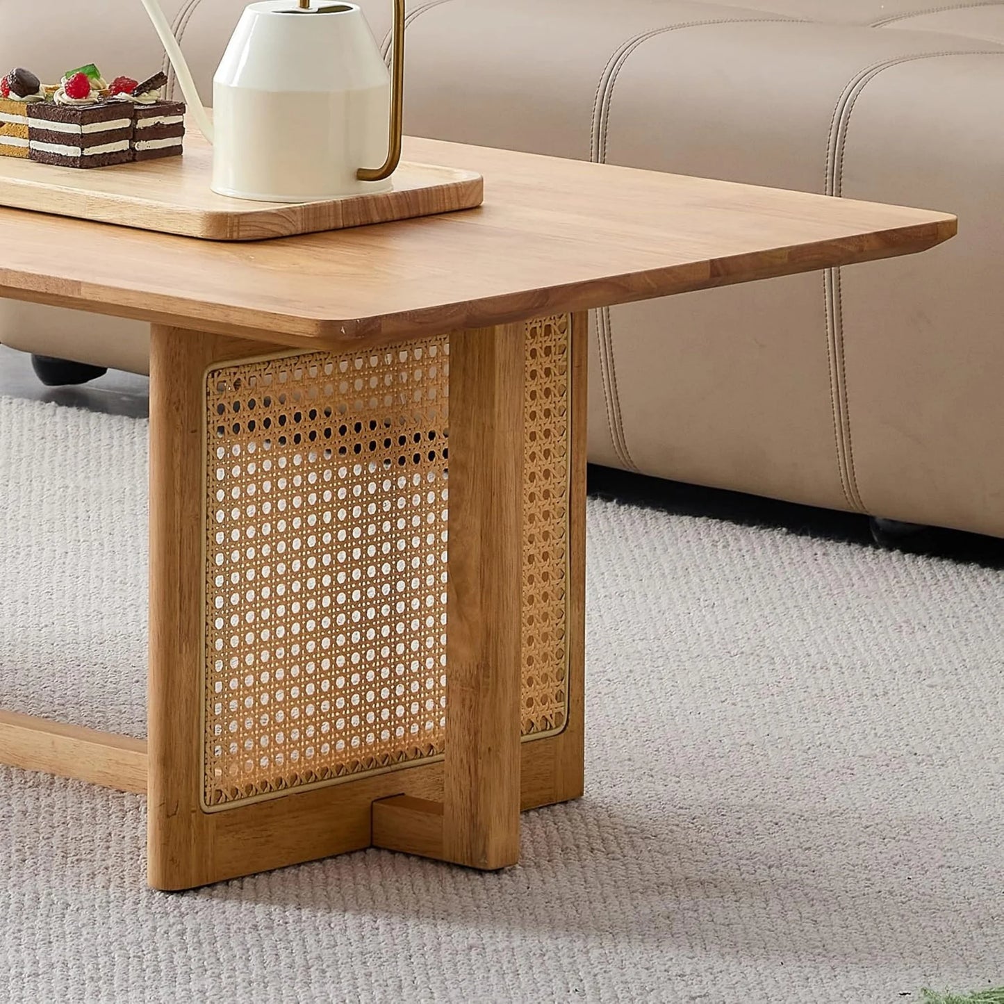 SUDICA 47" Solid Wood Coffee Table, Rattan Panel Legs, Modern Rectangle Table for Living Room