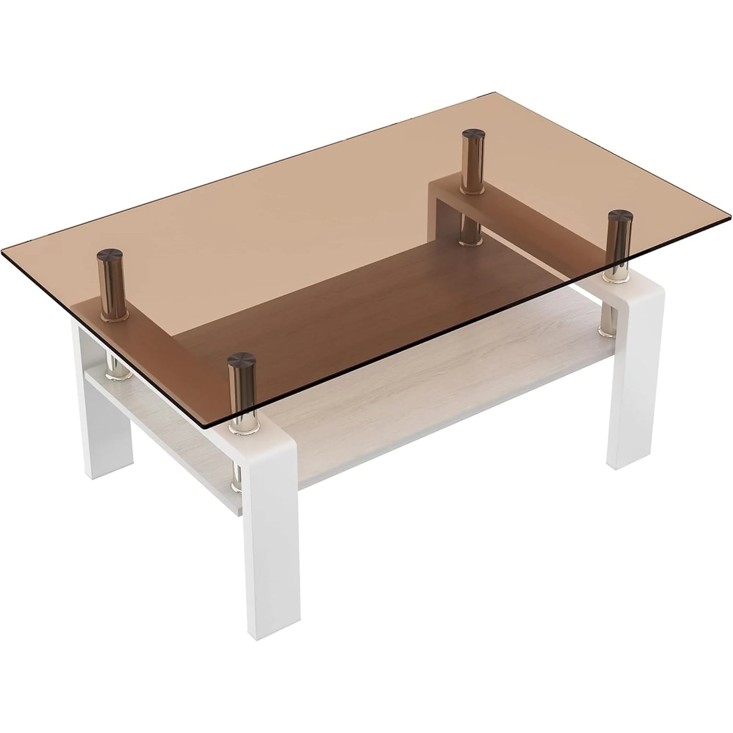 Glass Coffee Table Rectangle Living Room Center Table with Storage, Clear Tempered Glass Tabletop and Smoke Grey Leg,for Living Room and Office (Clear Smoke),Brown white