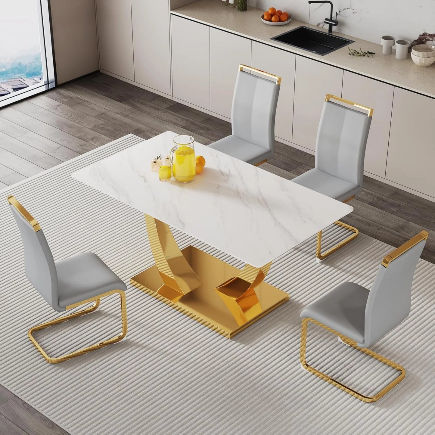 White and Gold Dining Table Set for 4, Faux Marble Dining Room Table Set for 4,63'' Rectangular Tempered Glass Top Kitchen Table Set and 4 Chairs for Dining Room Kitchen