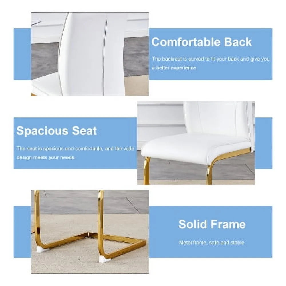 SUDICA Dining Room Chairs, White Faux Leather High Back, Gold Metal Legs, Set of 2