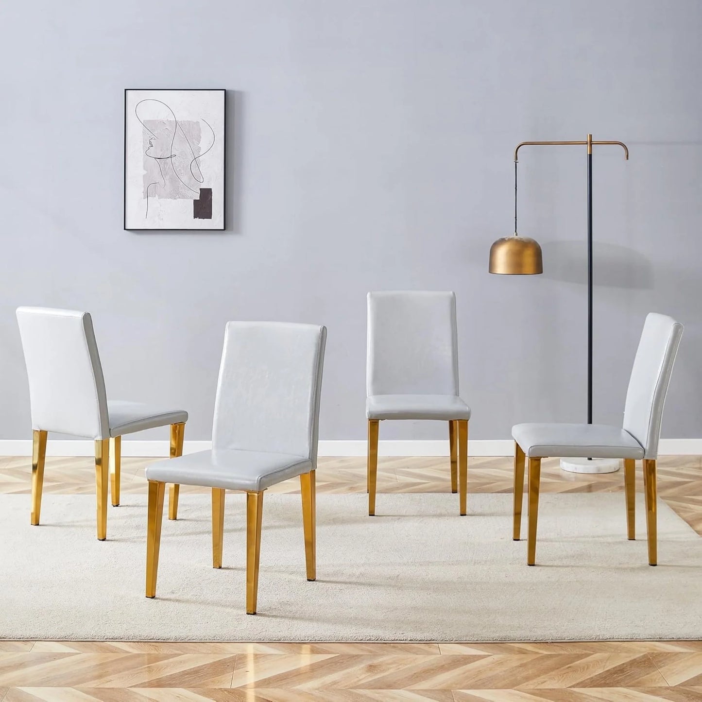 SUDICA Gray Faux Leather Dining Chairs Set of 4, Gold Metal Legs for Kitchen & Dining Room