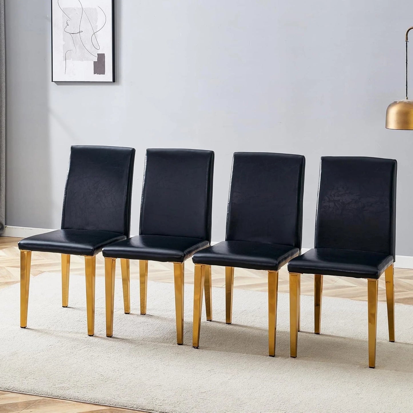 SUDICA Black PU Leather Dining Chairs with Gold Legs for Kitchen, Set of 4