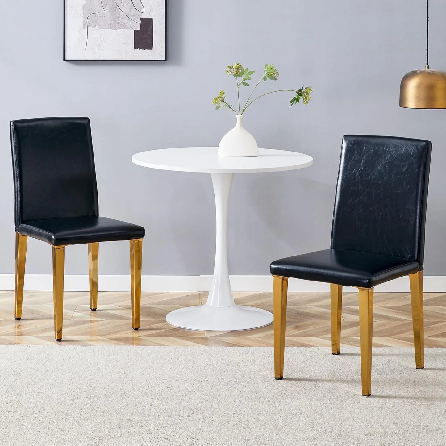 SUDICA Modern Black Faux Leather Dining Chairs Set of 2, Gold Metal Legs for Kitchen