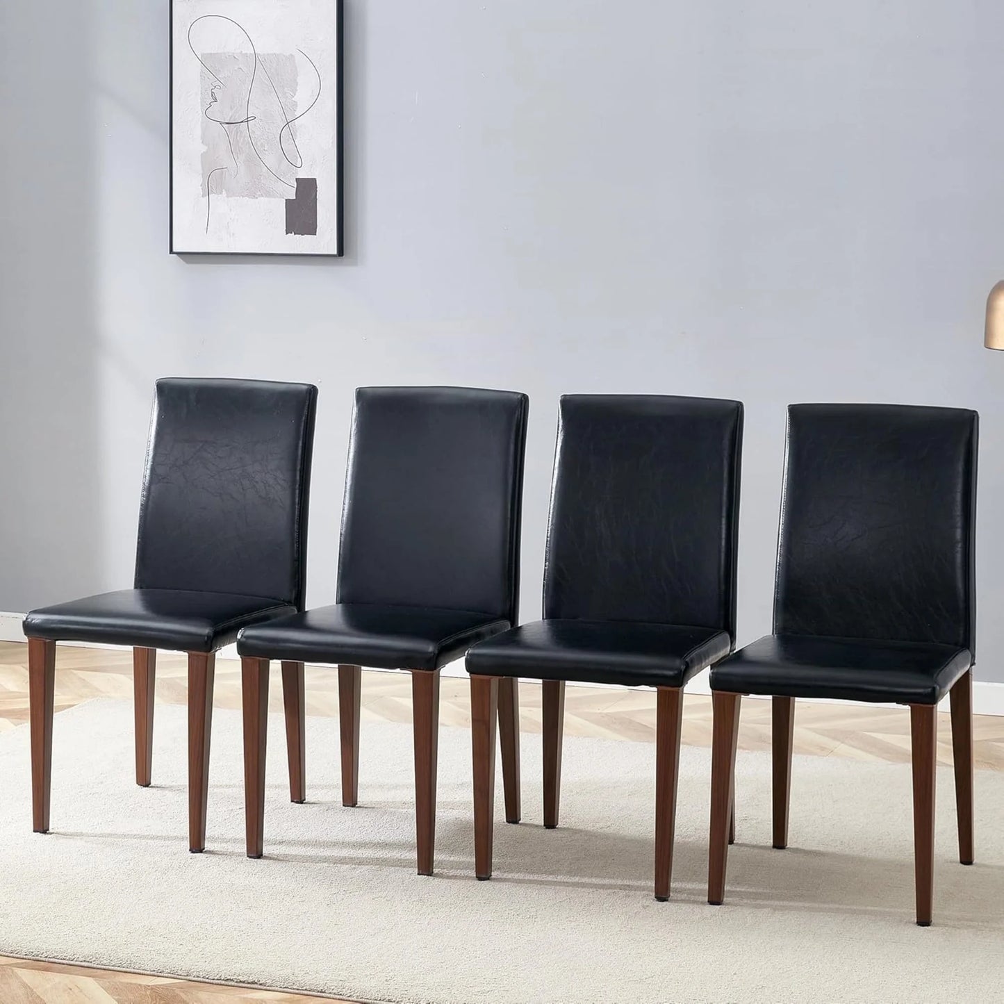 SUDICA Black Faux Leather Dining Chairs Set of 4, Walnut-Finish Metal Legs for Dining Room & Kitchen