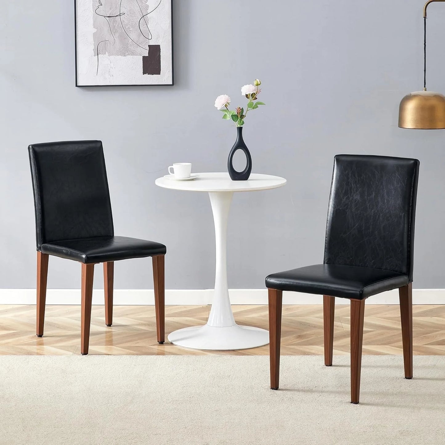 SUDICA Black Faux Leather Dining Chairs Set of 2, Walnut-Finish Metal Legs for Kitchen & Dining