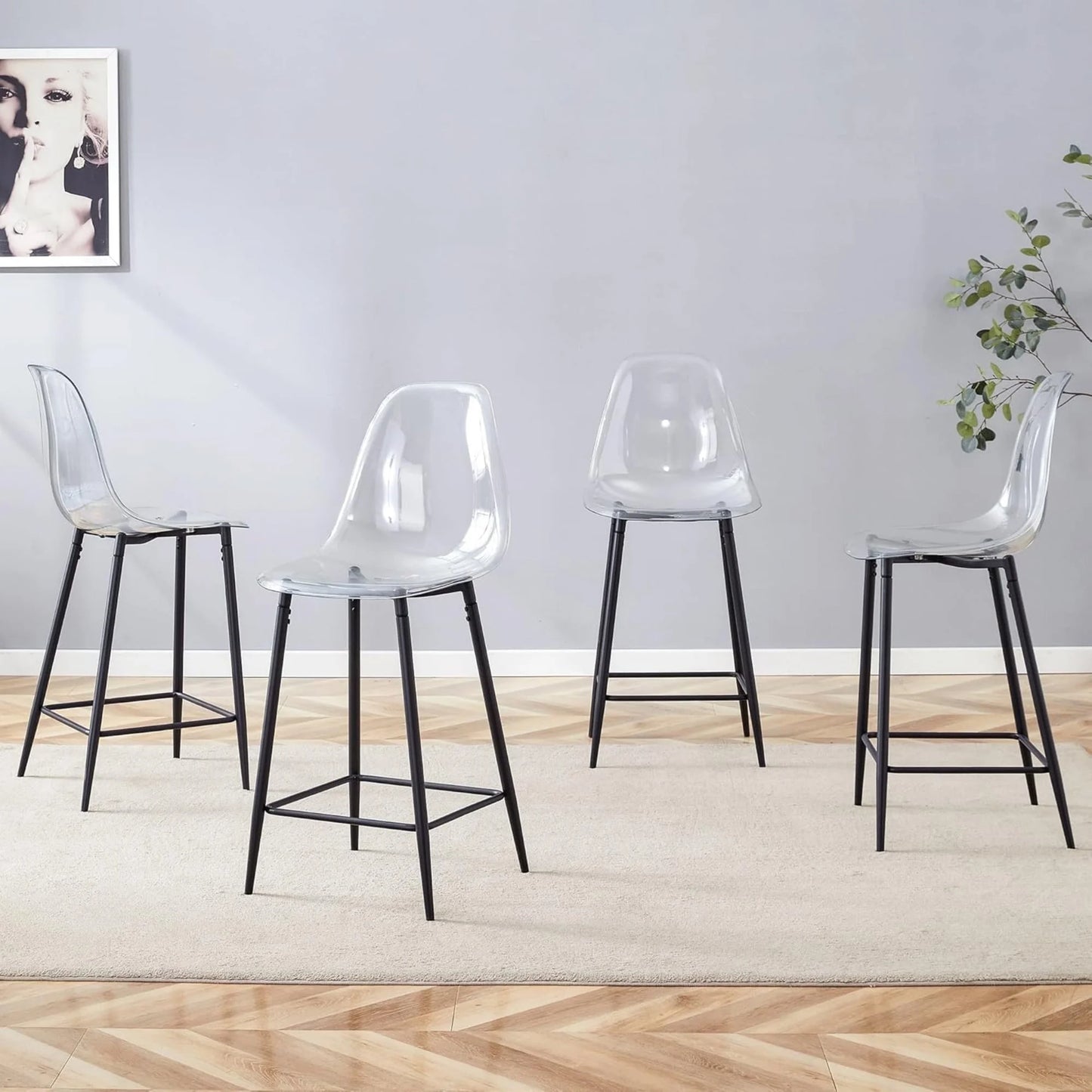SUDICA Indoor Counter Height Bar Stool Set of 4, Transparent Plastic Seats, Black Legs