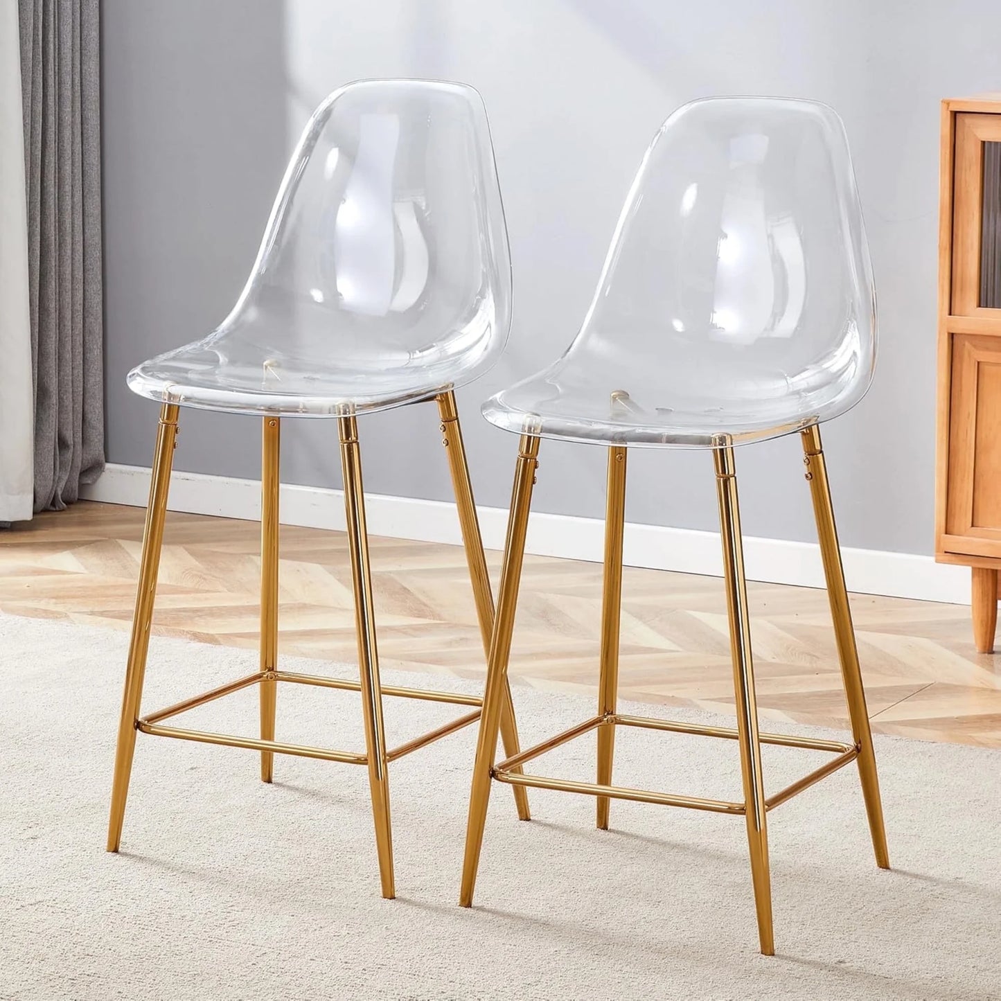 SUDICA Kitchen Island Bar Stools, Counter Height Set Of 2, Transparent PET Seats, Gold Legs, Indoor