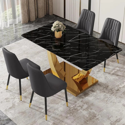 SUDICA 5 Piece Dining Table Set, Faux Marble Glass Top, Gold Base, PU Chairs for Dining Room
