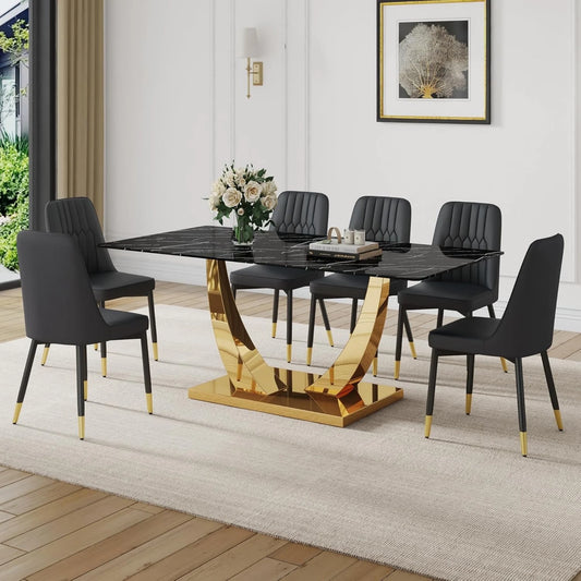 SUDICA 63" Glass Dining Table Set with 6 PU Leather Chairs, Gold Base, Modern Dining Room