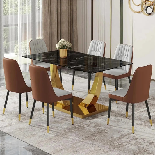 SUDICA 63" Glass Dining Table Set for 6, Gray-Brown PU Chairs, Gold Base for Villa Dining Room